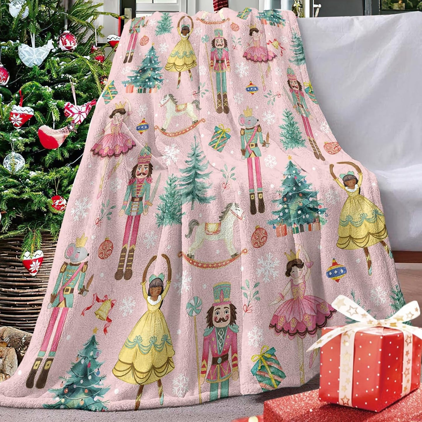 Pink Christmas Nutcracker Flannel Throw Blanket, Cute Xmas Tree Wooden Horses Balls Birthday Gifts for Kids Men Women, Winter Holiday Snowflake Soft Blankets for Bedding Sofa 50 x 60 Inches