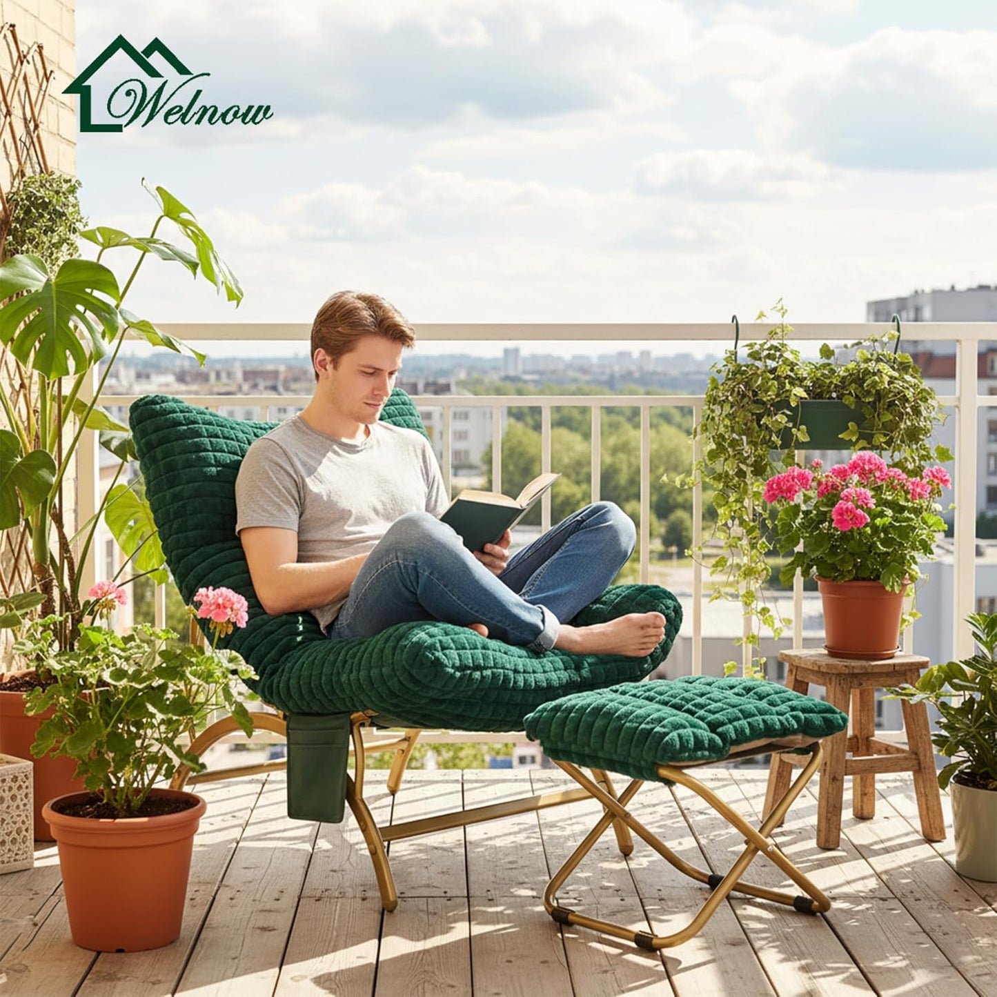 Welnow Dark Green Lazy Chair with Ottoman, Oversized Reading Chair for Adults, Soft Padded Lounge Accent Chair for Living Room, Bedroom, Comfortable Reclining Leisure Chair with Side Pocket
