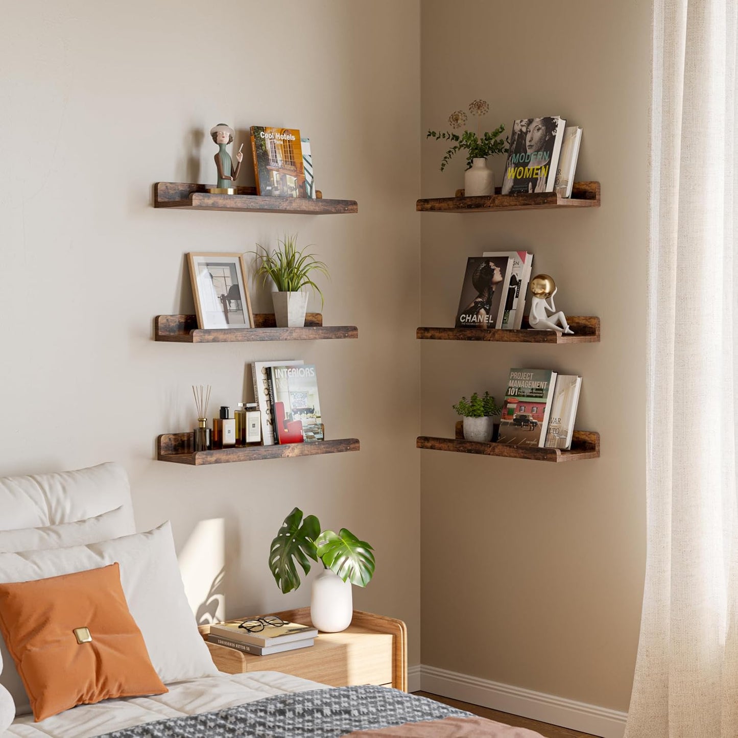 16’’Rustic Brown Floating Shelves for Wall Set of 6,Rustic Wood Shelf for Room Decor/Storage/Display,Small Bookshelf,Wall Mounted Hanging Shelves for Bedroom, Bathroom, Living Room, Kitchen