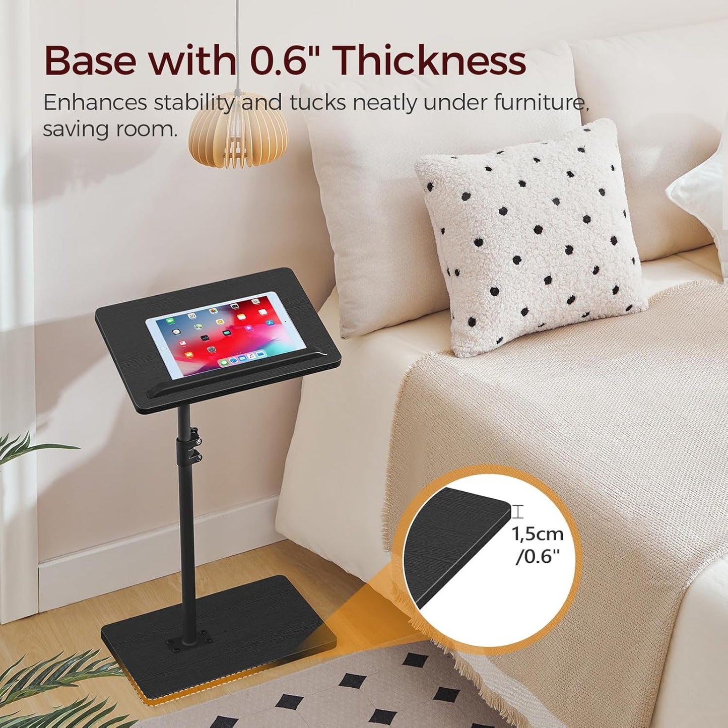 TV Tray Table, Sofa Armrest Tray Table for Couch, 360° Swivel Height Adjustable End Table, Snack Side Table with Phone and Tablet Slot, C Shaped Black ETBK4501