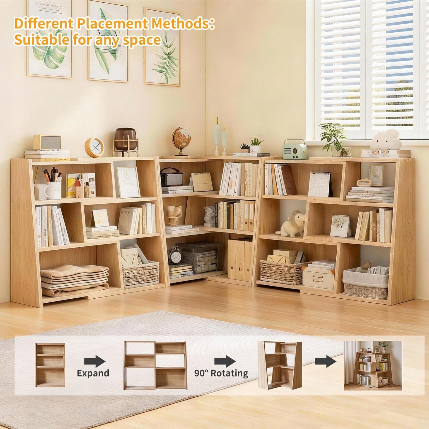 Expandable Bookcase, 3-Tier Ladder Open Storage Bookshelf, Storage Organizer Bookcase for Study Office Living Room, Oak YD-BC005R