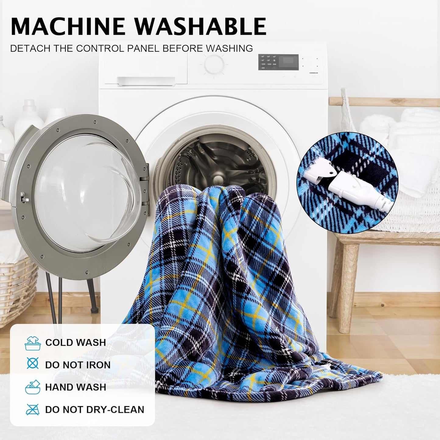 Electric Blanket Wearable Heated Shawl with Hood & Pockets – 6 Heat Settings, 4H Auto-Off, Flannel & Sherpa Reversible, Cozy Plaid Heated Throw Blanket for Home, Couch, or Gift, 40"x70", Blue