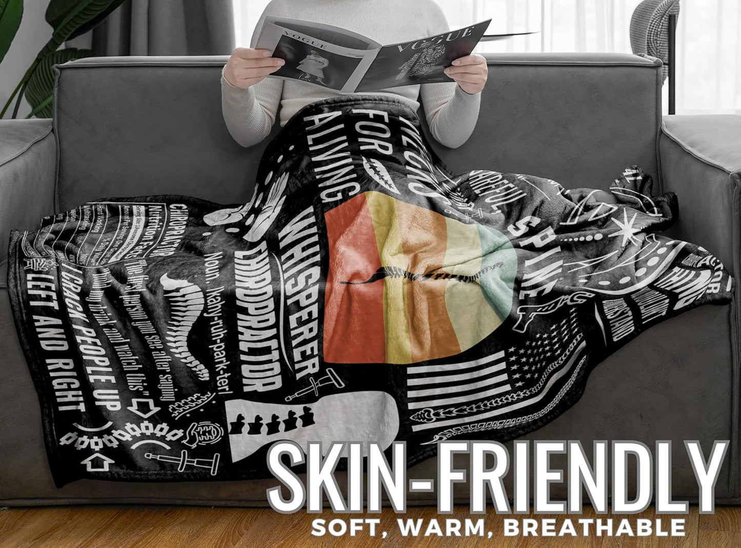 Chiropractor Gifts, Blanket Gifts for Chiropractors, Gift Ideas for Chiropractors Women & Men, Flannel Blanket Throw, 65 x 50 inches - Black