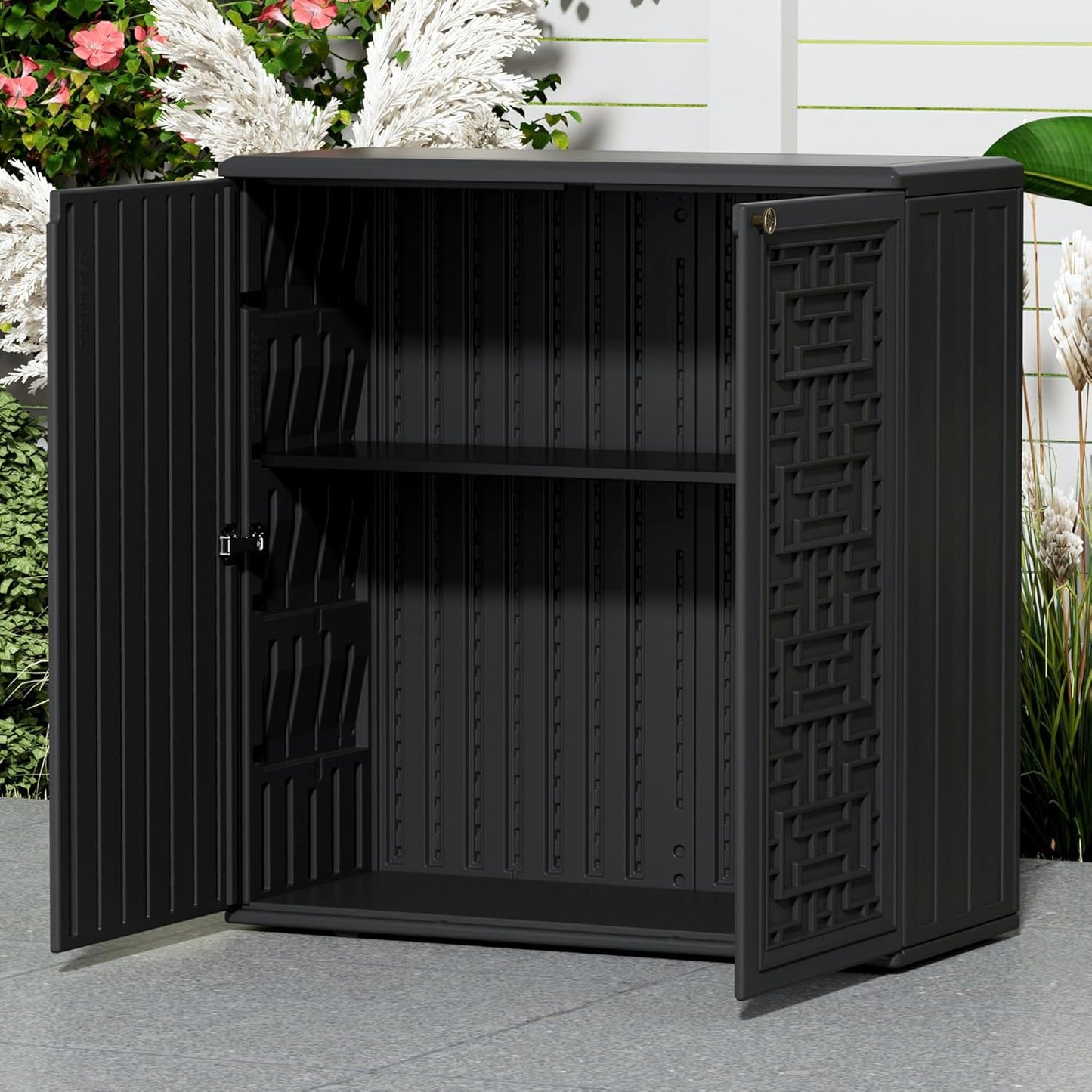 Outdoor Storage Cabinet Waterproof with Shelf,Resin Storage Sheds Outdoor Cabinets for tub Towels/Chemicals/Grill Items/Patio/Garden/Backyard, Size 34.3''L*15''W*36.2''H（Black）