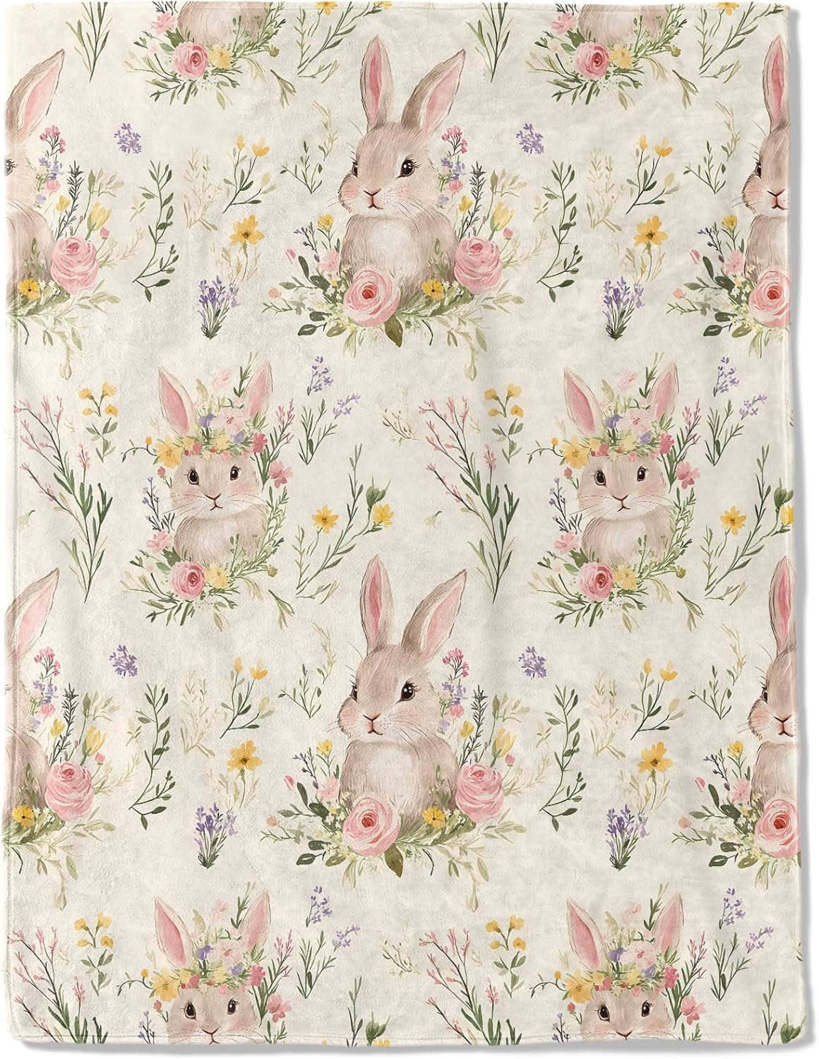 Cute Bunny Fleece Blanket - Lightweight Soft Cozy Gifts Throw for Animal Lovers, Kids,Women,Rabbit Floral Cream Blankets,Home Room Modern Farmhouse Boho Decor 50x60in