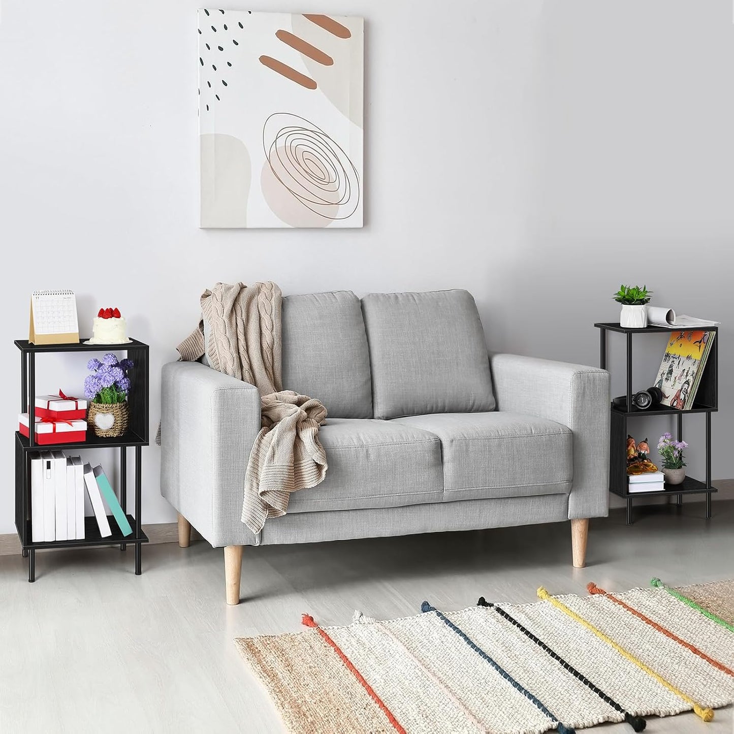 ETELI 3-Tier Side Table Small Tall S-Shaped End Table with Open Book Shelf Industrial Black S-Shaped Bookcase Bedside Table for Office Living Room Bedroom Home Corner