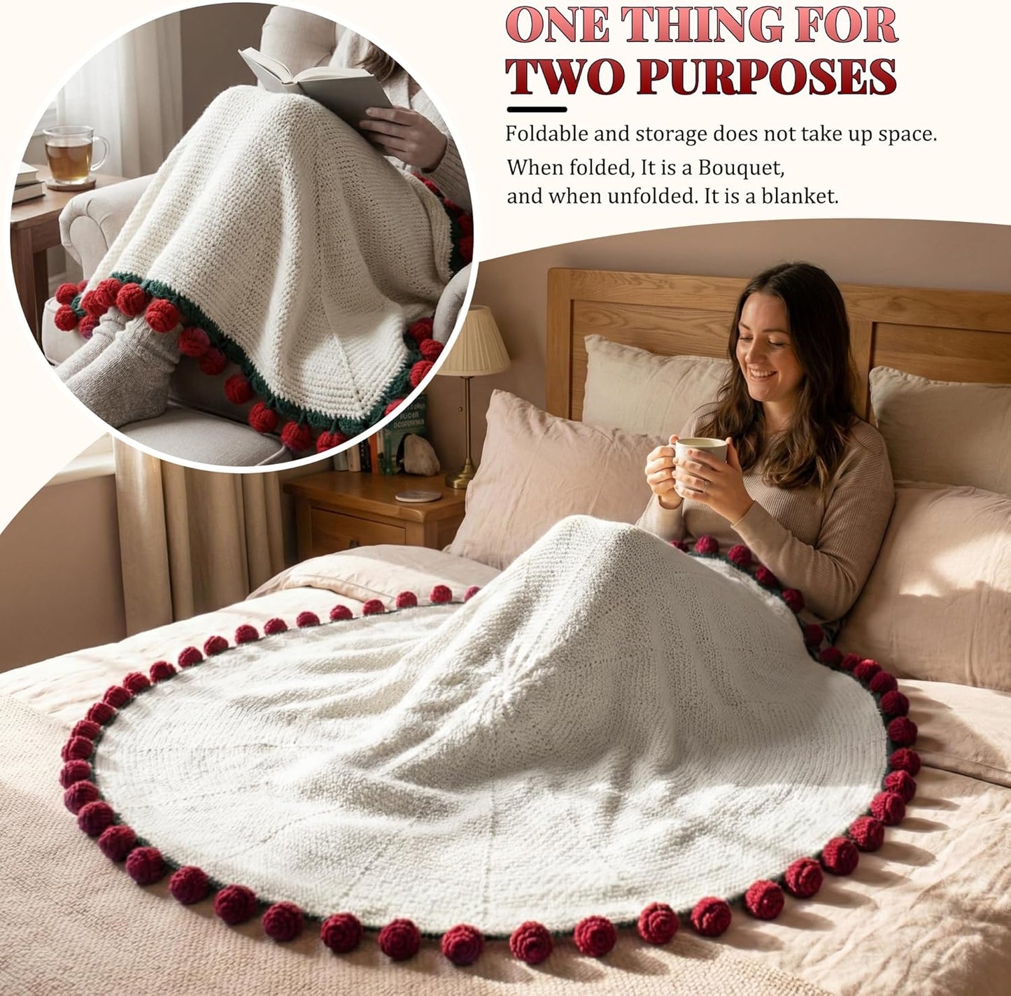 Valentines Day Gifts for Her, 59 Inch Crochet Rose Flower Bouquet Blanket, Birthday Gifts for Women Girlfriend Mom Wife Kids, Romantic Gift Ideas for Galentines Anniversary Christmas (Red Rose)