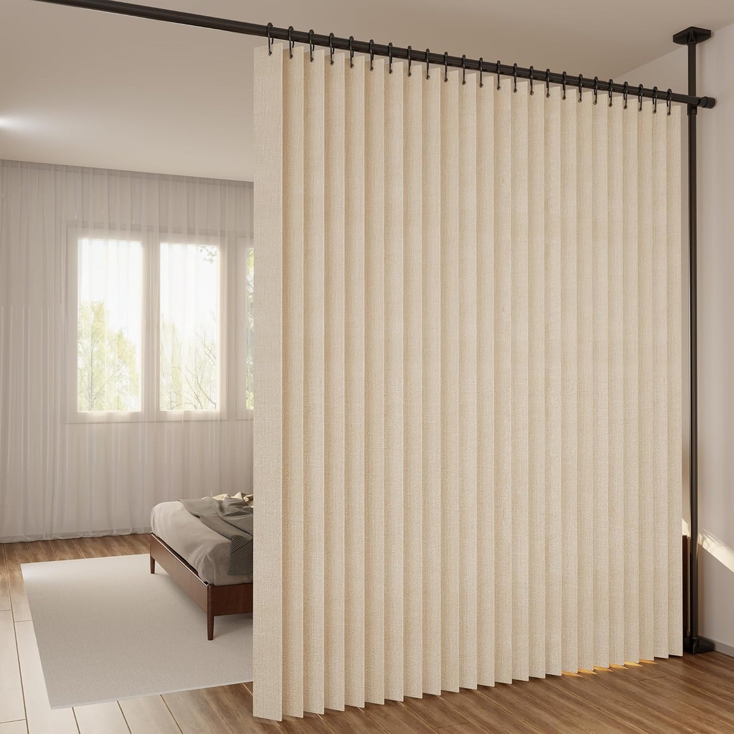 Folding Room Divider Curtain – Lightweight Draping Bedroom Privacy Curtain, Window and Bed Separator with Hooks and Tie-Back (Cream Color, W98*H95inch)