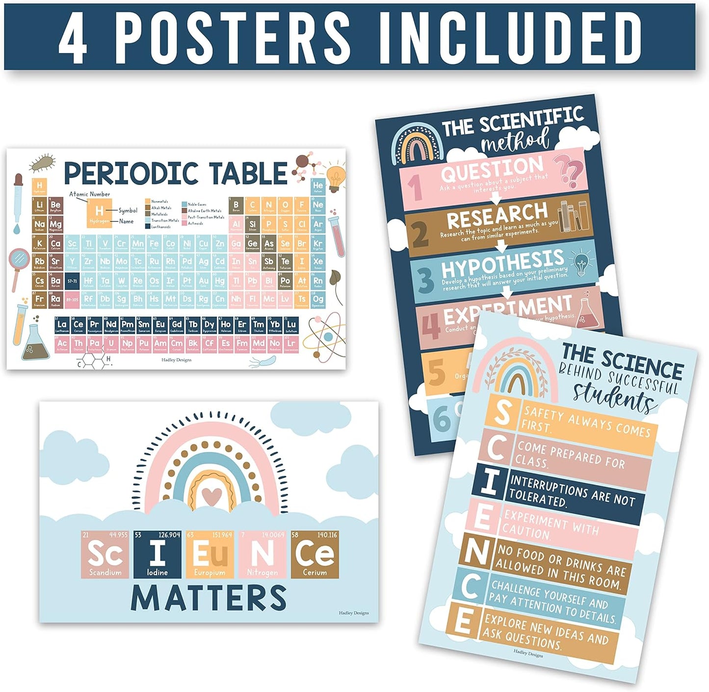 Hadley Designs Science Posters for Classroom Middle School – 4-Pack Periodic Table Poster, Scientific Method Poster & Science Classroom Decor, 11x17 Laminated for Elementary & Homeschool - Boho Theme