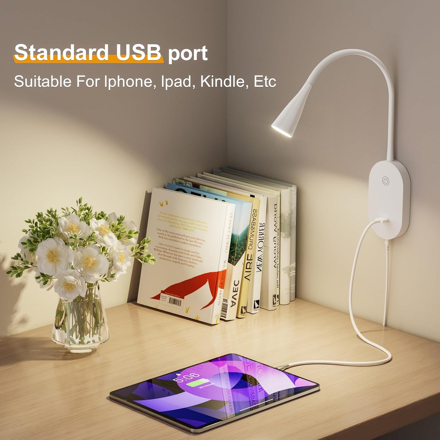 Wall Mount Reading Light, Focused Book Light for Reading in Bed, 5 Dimming, USB Output, 4 Hours Auto Off, Touch Control, Flexible Gooseneck Headboard Reading Lamp, Easy to Install White