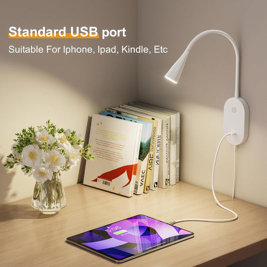 Wall Mount Reading Light, Focused Book Light for Reading in Bed, 5 Dimming, USB Output, 4 Hours Auto Off, Touch Control, Flexible Gooseneck Headboard Reading Lamp, Easy to Install White