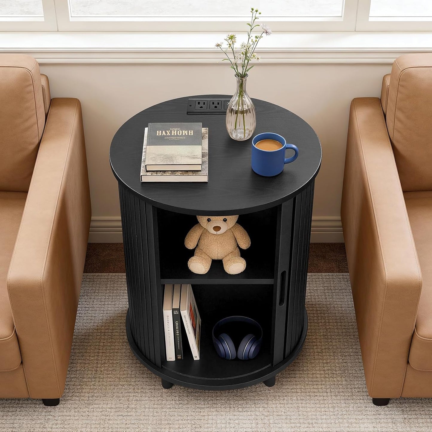 DHH Round End Table with Storage & Charging Station, Fluted Accent Side Table with Sliding Door & Adjustable Shelf, Mid-Century Nightstand for Small Spaces, Living Room, Bedroom (1, Black)