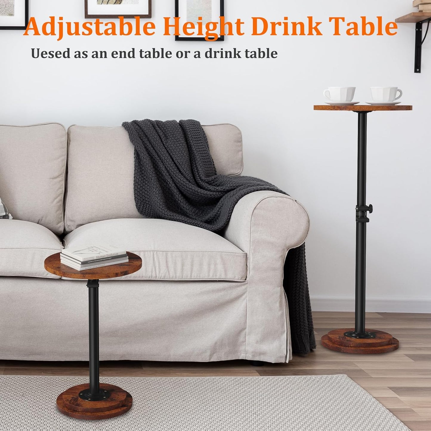 Drink Table, Small Round Side Table - 360° Swivel Height Adjustable for Small Spaces, Pedestal Martini Table for Sofa Couch, Living Room, Bedroom, Vintage