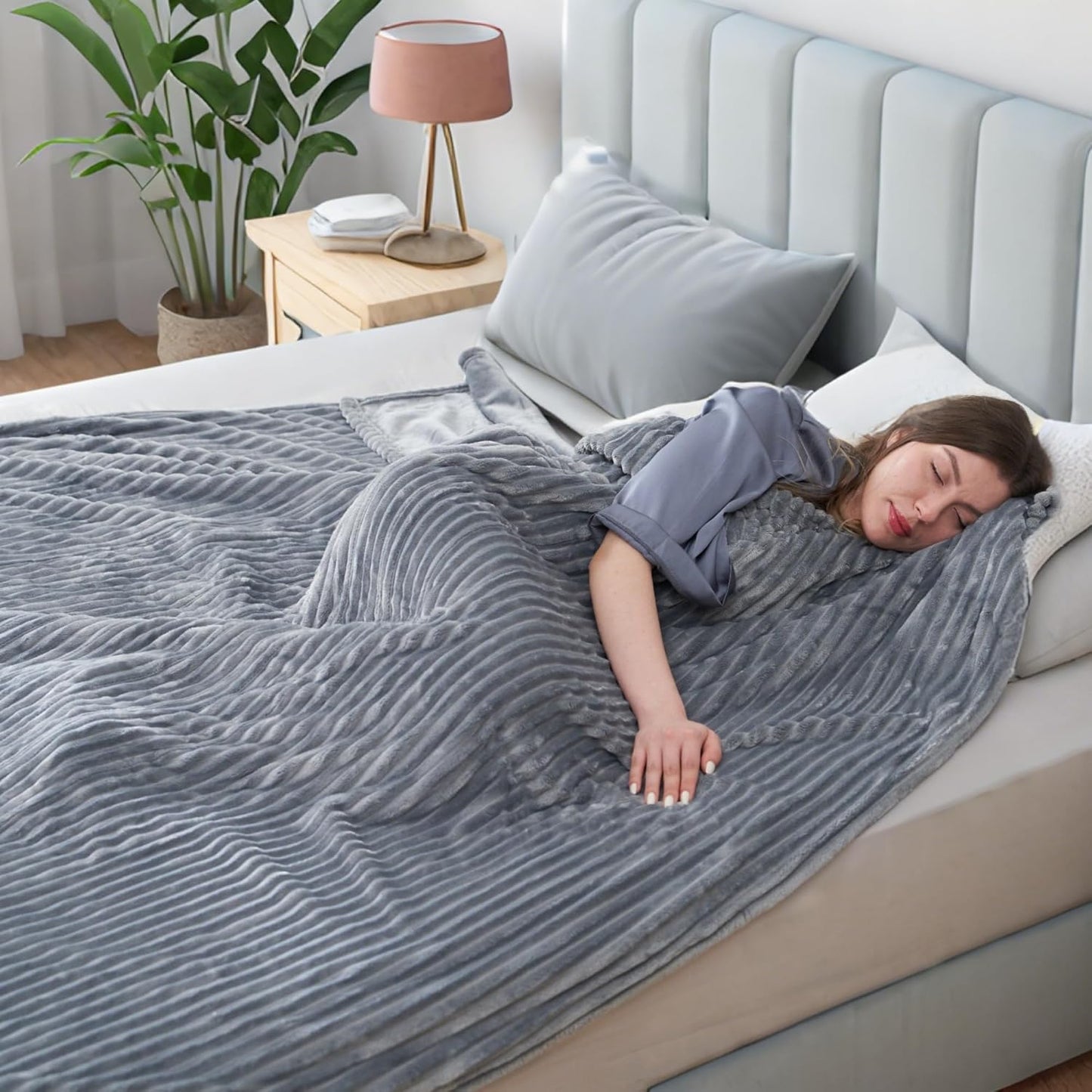 Electric Heated Blanket Full Size 72"x84",Fast Heating Throw, Soft Striped Flannel for Bed & Couch, 1-12 Hours Auto Off & 12 Heating Levels, Machine Washable, Gifts for Family-Light Gray