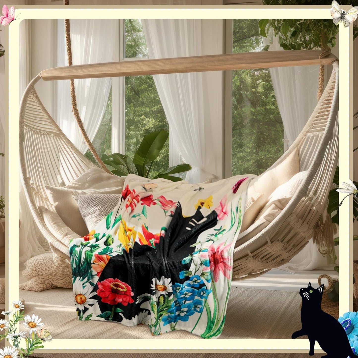 Shellwei Cute Black Cat Blanket for Bed Couch Sofa 60 x 50 Inch Floral Fluffy Gift Flannel Throw Watercolor Butterfly Flowers Garden Cat Throw Soft Blanket Home Decoration for All Seasons