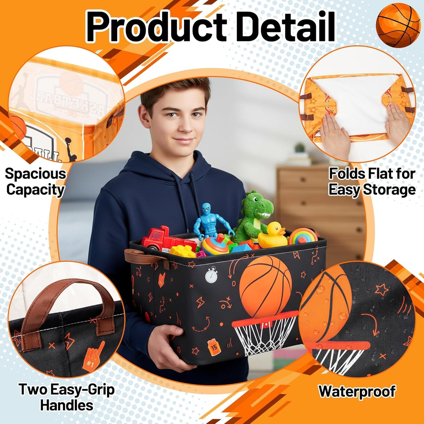 Basketball Storage Basket Bin - 4Pcs Balck Orange Large Fabric Organizer Toy Storage Bins with Handle Waterproof Collapsible Basket Closet Shelf Cloth Container for Nursery Boys Bedroom Home