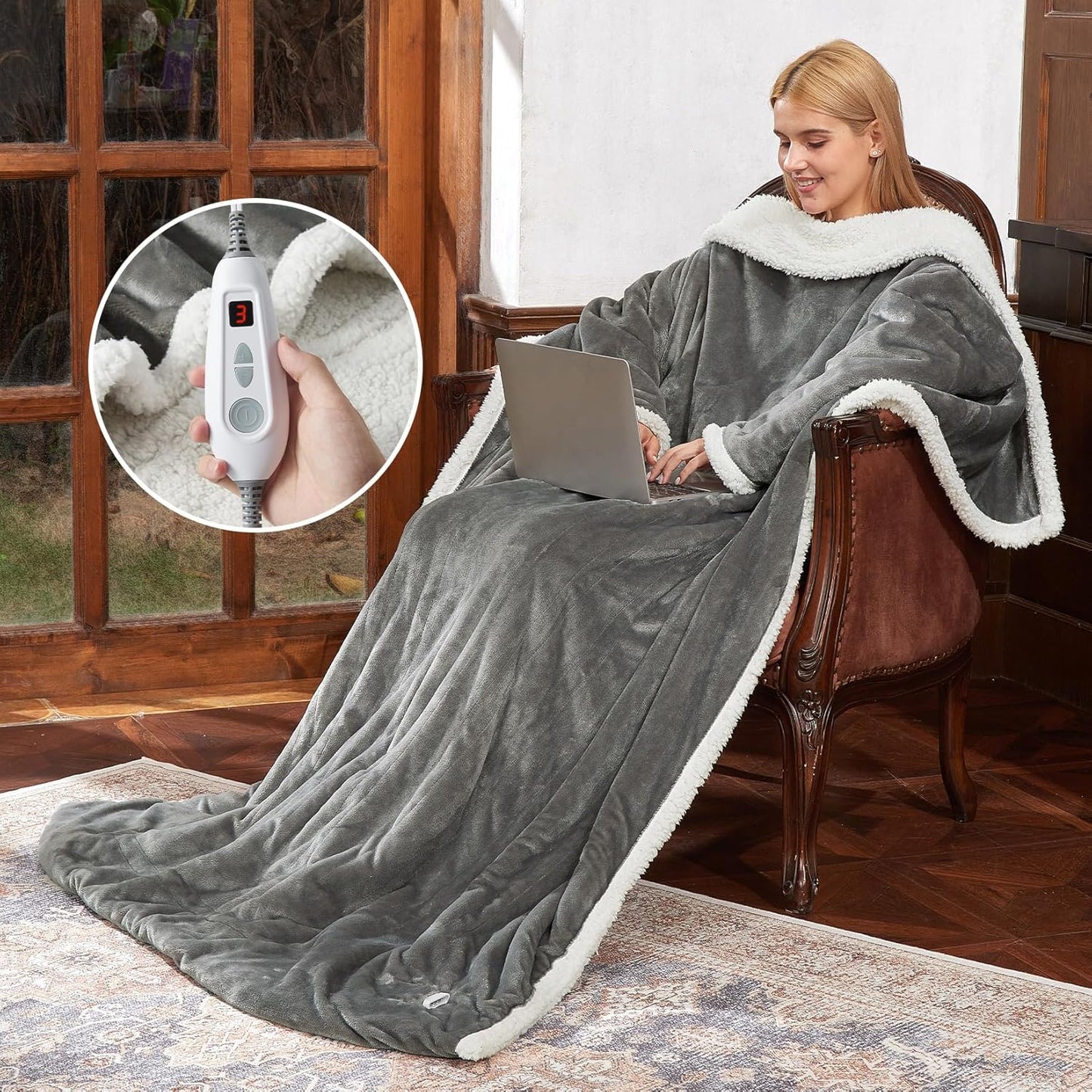 GarveeHome Wearable Heated Blanket with Foot Pocket,Electric Snuggle Blanket with Sleeves,6 Heating Levels & 2/4/8/10H Time Settings,Machine Washable,Gift for Family & Friends,50 * 70"+18", Dark Gray