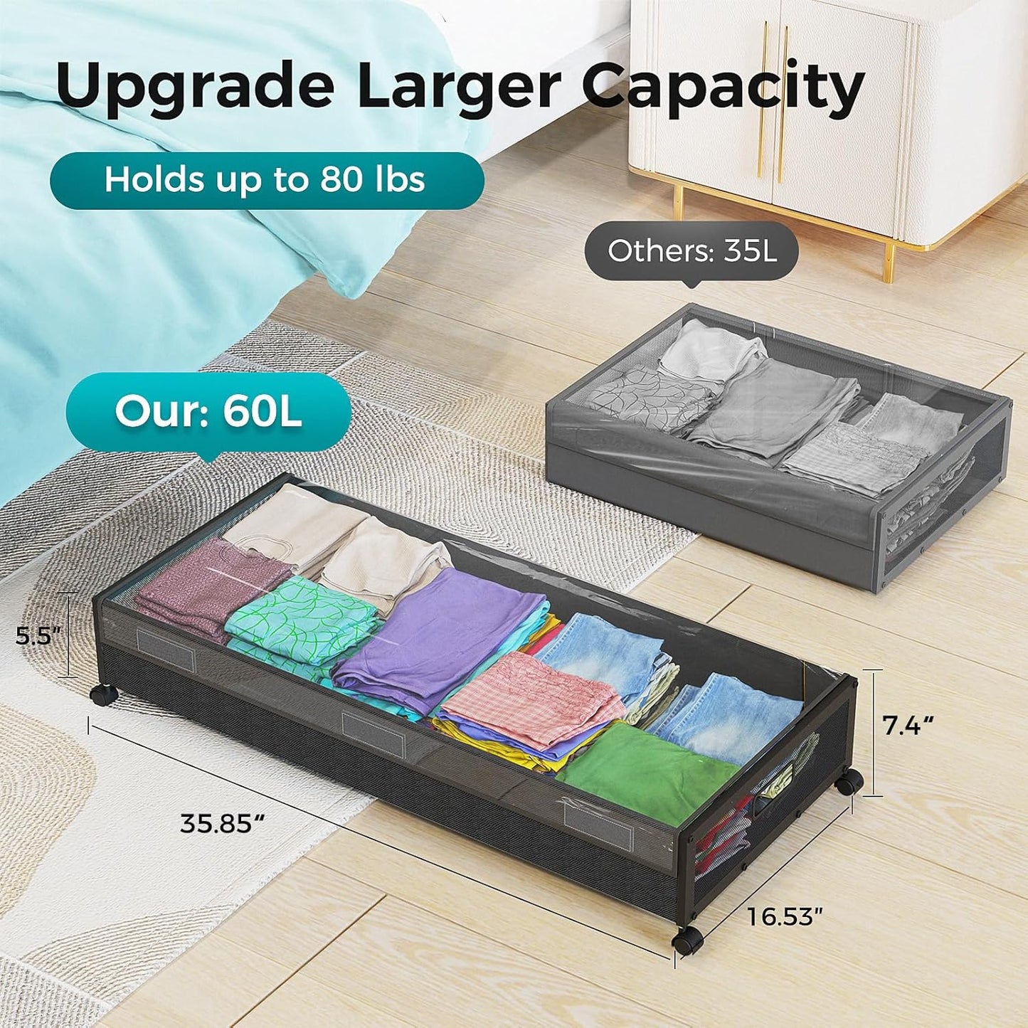 oylik Large Under Bed Storage with Wheels, Metal Under Bed Storage Containers with Clear Lid, Handle, Rolling Under Bed Shoe Storage Drawers, Under Bed Storage Bins for Clothes Shoes Books, 2 Pack
