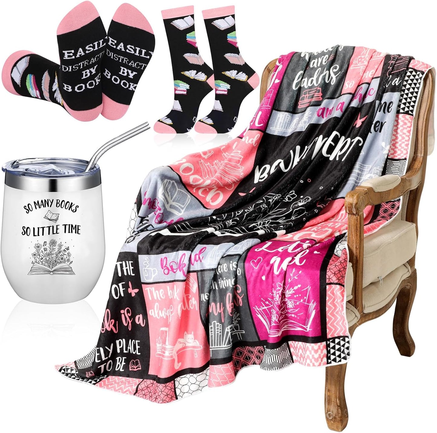 3 Pcs Book Lovers Gifts for Women Include 60'' x 50'' Flower Reading Blanket Insulated Simple Wildflowers Tumbler Socks for Library Club Librarian Cat Owner Readers