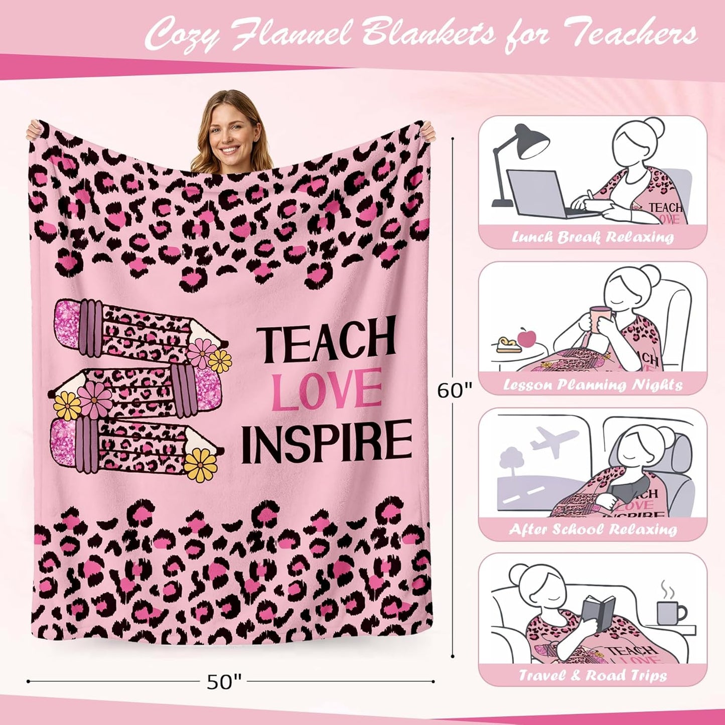 Teacher Appreciation Throw Blanket Thick 60''x50'' Extra Cozy Soft Heavyweight Fleece Couch Blanket Back to School Thank You Teacher Appreciation Gifts for Educators Tutors,1 Pack (Pink Leopard)