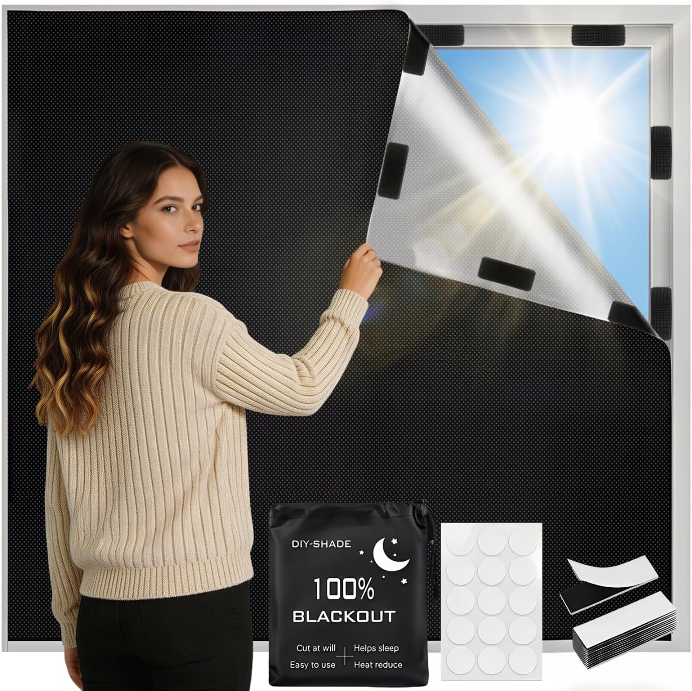 Blackout Blinds 118" x 57", 100% Blackout Curtains for Window, 420D No Drill Portable Black Out Shades Film for Bedroom, Nursery Black Out Blinds for Baby Temporary, 12 Hook and Loop Tapes