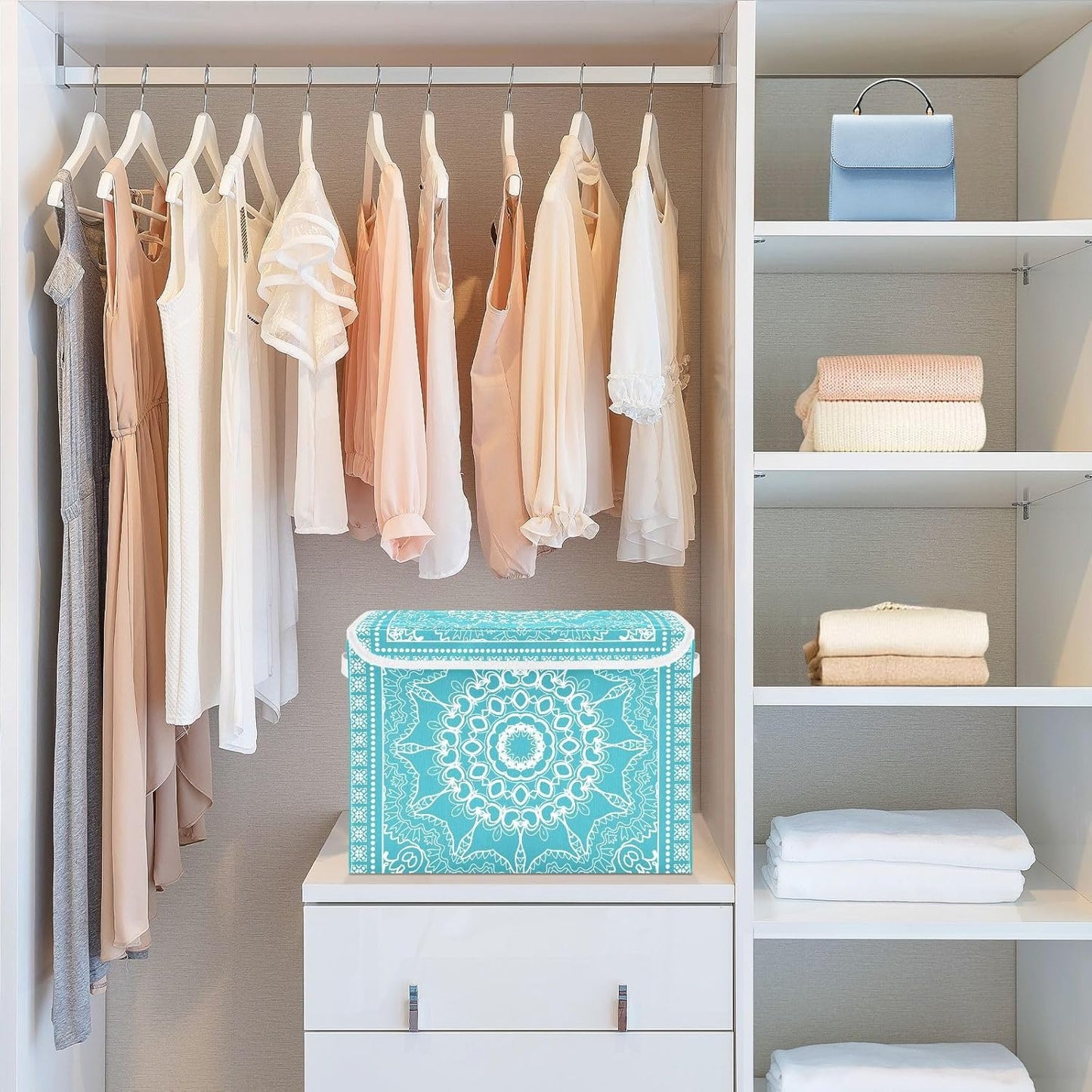 Retro Boho Blue Storage Bins with Lids Fabric Storage Containers Box Organizer with Handles for Closet Shelves Clothes Foldable Decorative 16.5 x 12.6 x 11.8 Inch