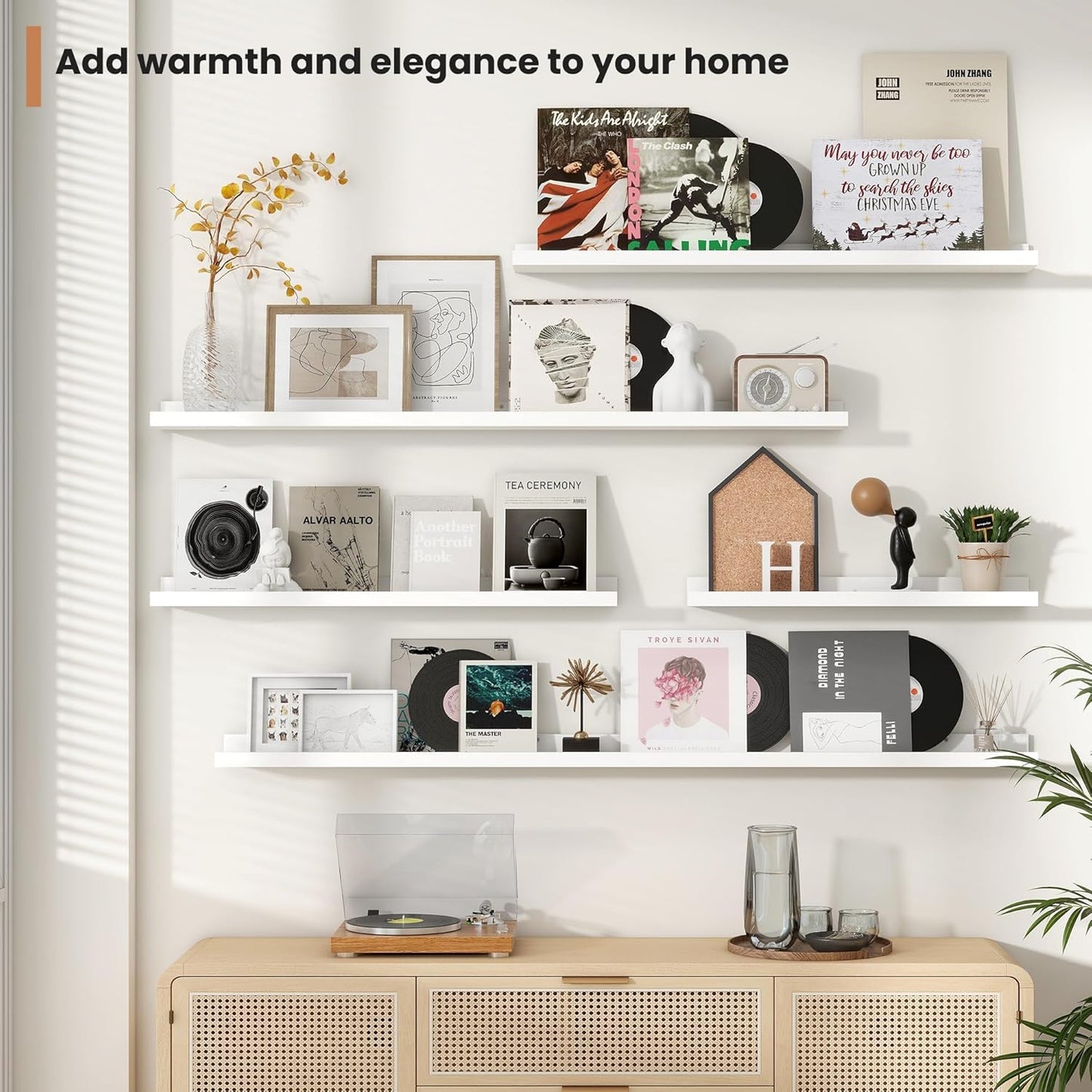 Fun Memories Picture Ledge Shelves Set of 2, 32 Inch Rustic Wall Mounted Floating Shelves with Lip for Home Storage and Décor in Bathroom, Kitchen, Nursery, Bedroom, Living Room, White