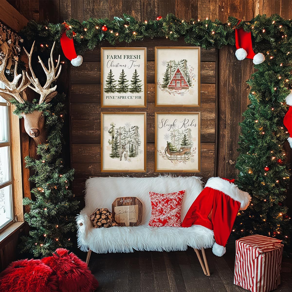 ETVISO Vintage Christmas Wall Art Prints Set of 4, Retro Christmas Trees Poster, Winter Holidays Gift Print Decor for Gallery, Living Room, Bathroom, 12x16 (Unframed)