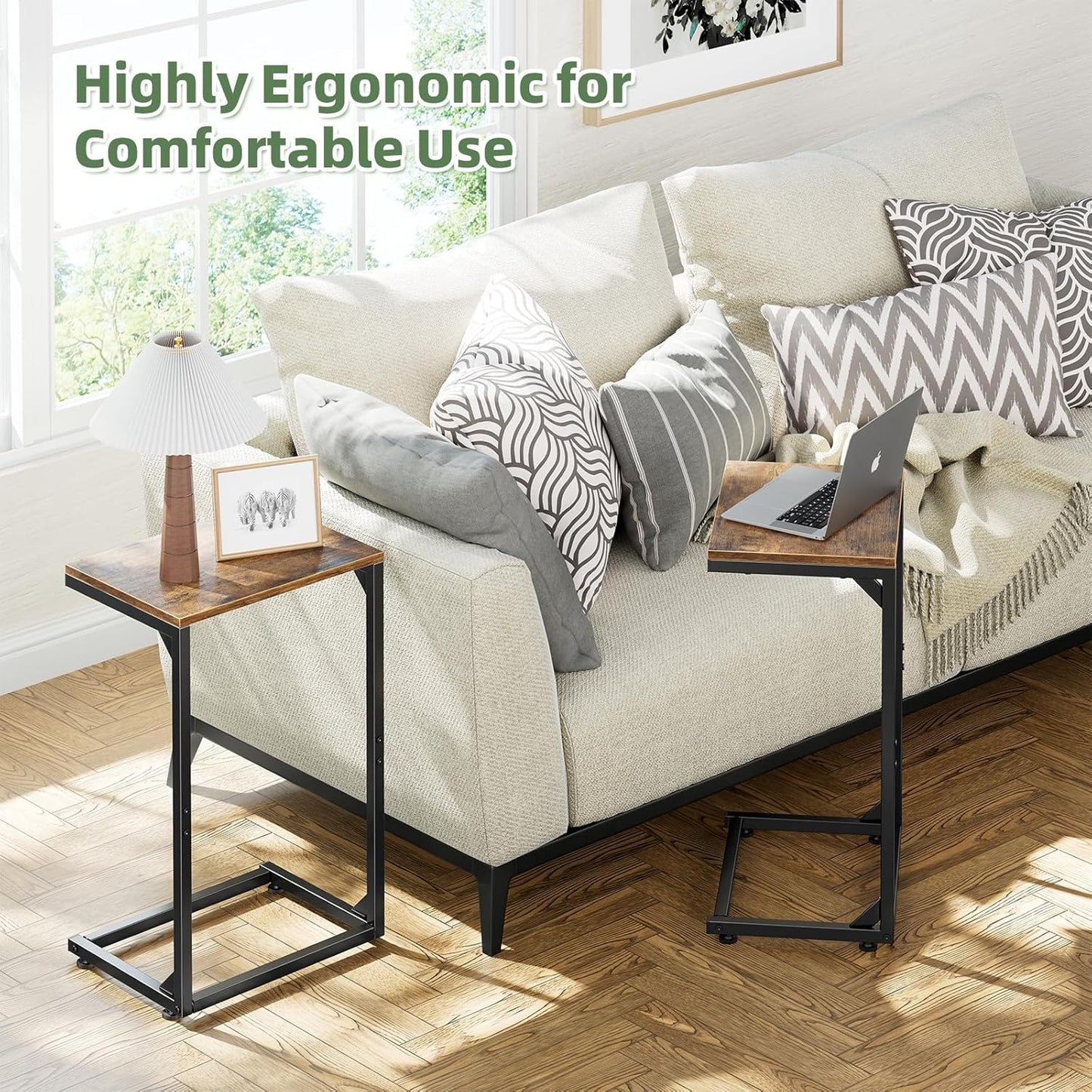 Simple Trending C Shaped End Table, Small Side Table, TV Trays for Couch, Sofa Table for Living Room, Bedside, Rustic Brown