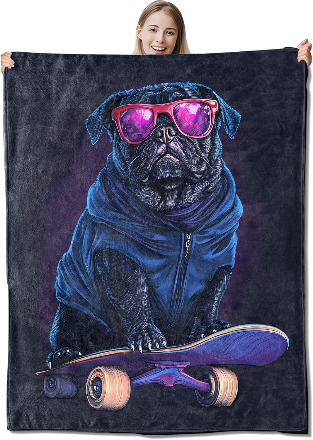 Cool Pug Skateboard Flannel Throw Blanket 50x60 Inch, Funny Urban Dog with Hoodie and Sunglass Blankets Soft Cozy Fleece Throws for Puppy Lover Bed Sofa Dorm Living Room Pet Home Decor Gifts