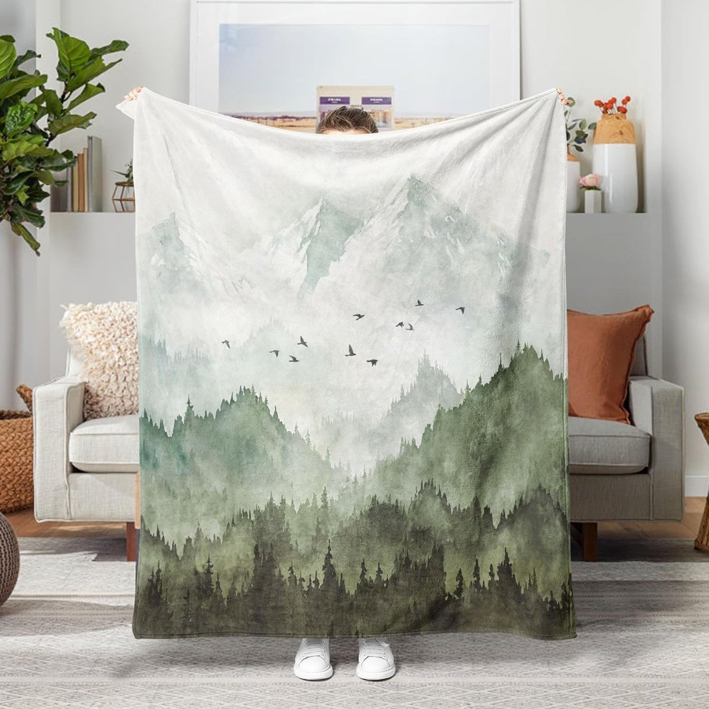 Neasow Watercolor Mountain Forest Fleece Throw Blanket, Nature Misty Foggy Sage Green Tree Landscape Art Nap Blankets Gift Sofa Bed Couch Chair or Dorm Throws 50×60 inches