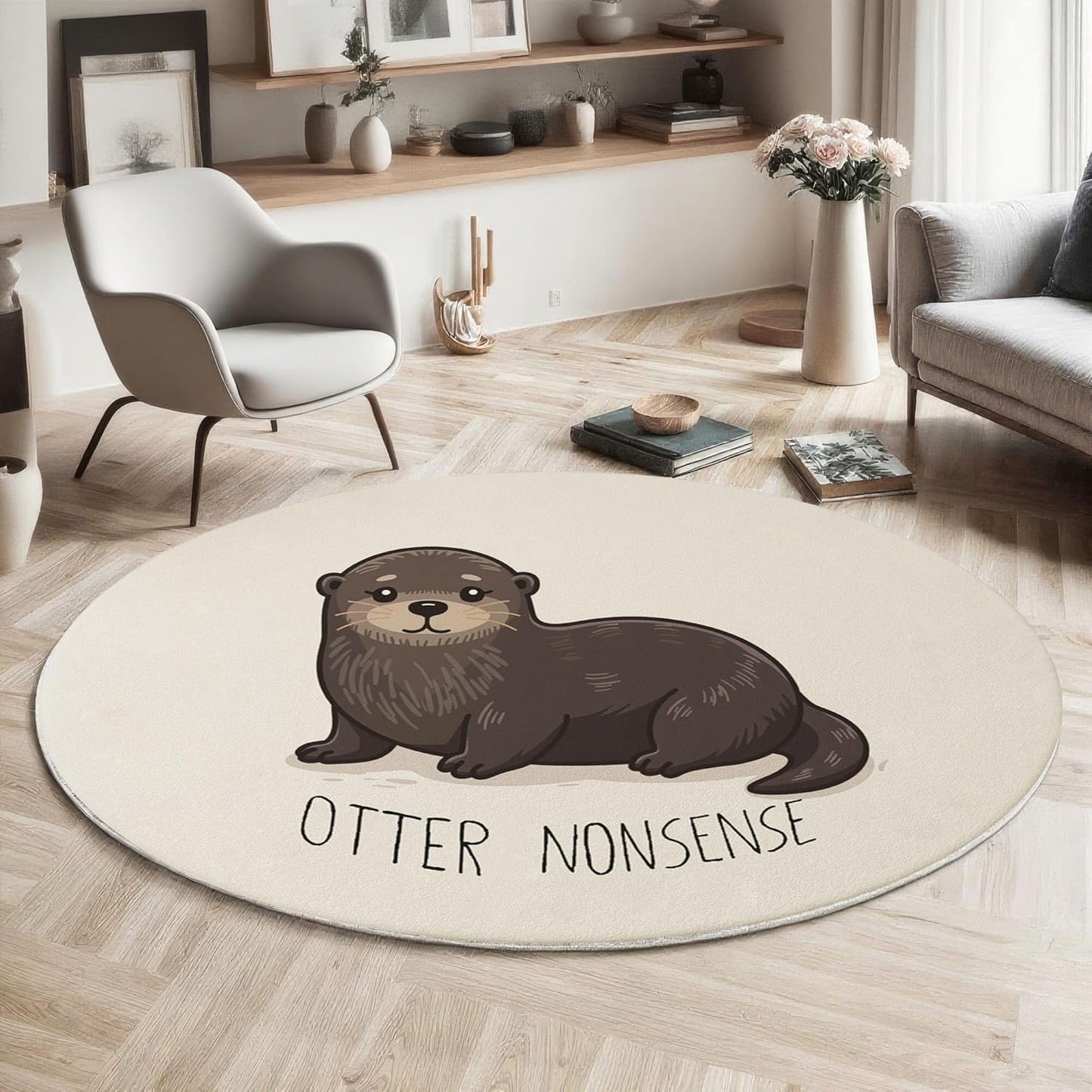 Modern Round Area Rug for Living Room, 5.25Ft Washable Round Rug Beige Fun Otter Letters Circle Rugs for Dining Room Table, Cartoon Animals Small Circular Floor Carpet for Bedroom