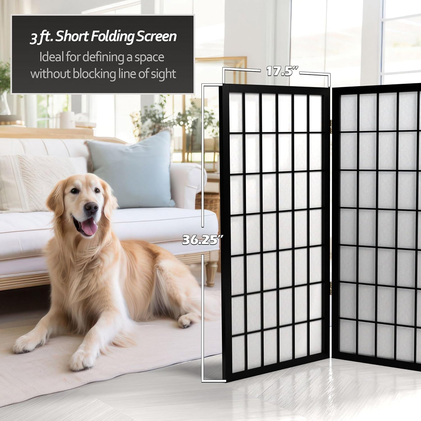 3 ft. Short Window Pane Shoji Screen - Black - 4 Panels