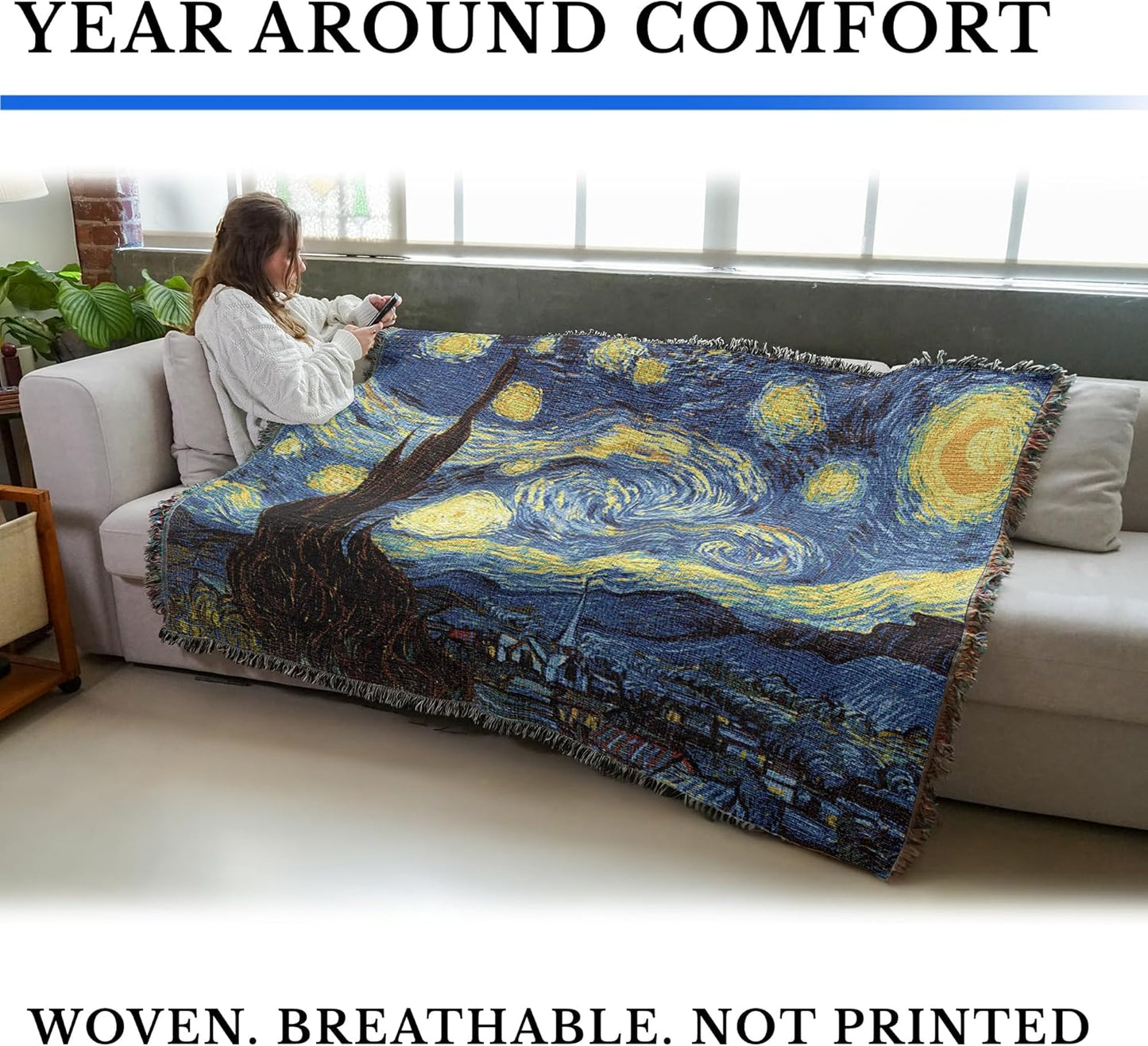 Pure Country Weavers Starry Night Blanket by Vincent Van Gogh - Fine Art Gift Tapestry Throw Woven from Cotton - Made in The USA (72x54)