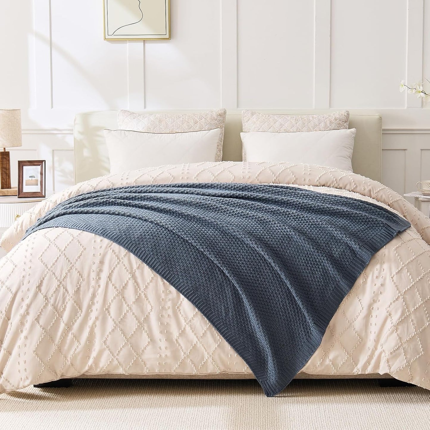 Blue Throw Blanket, Knit Throw Blanket for Couch, Soft Cozy Warm Lightweight Reversible Decorative Moss Stitch Cable Knitted Blankets for Bed, 60x80 Inches, Dusty Blue