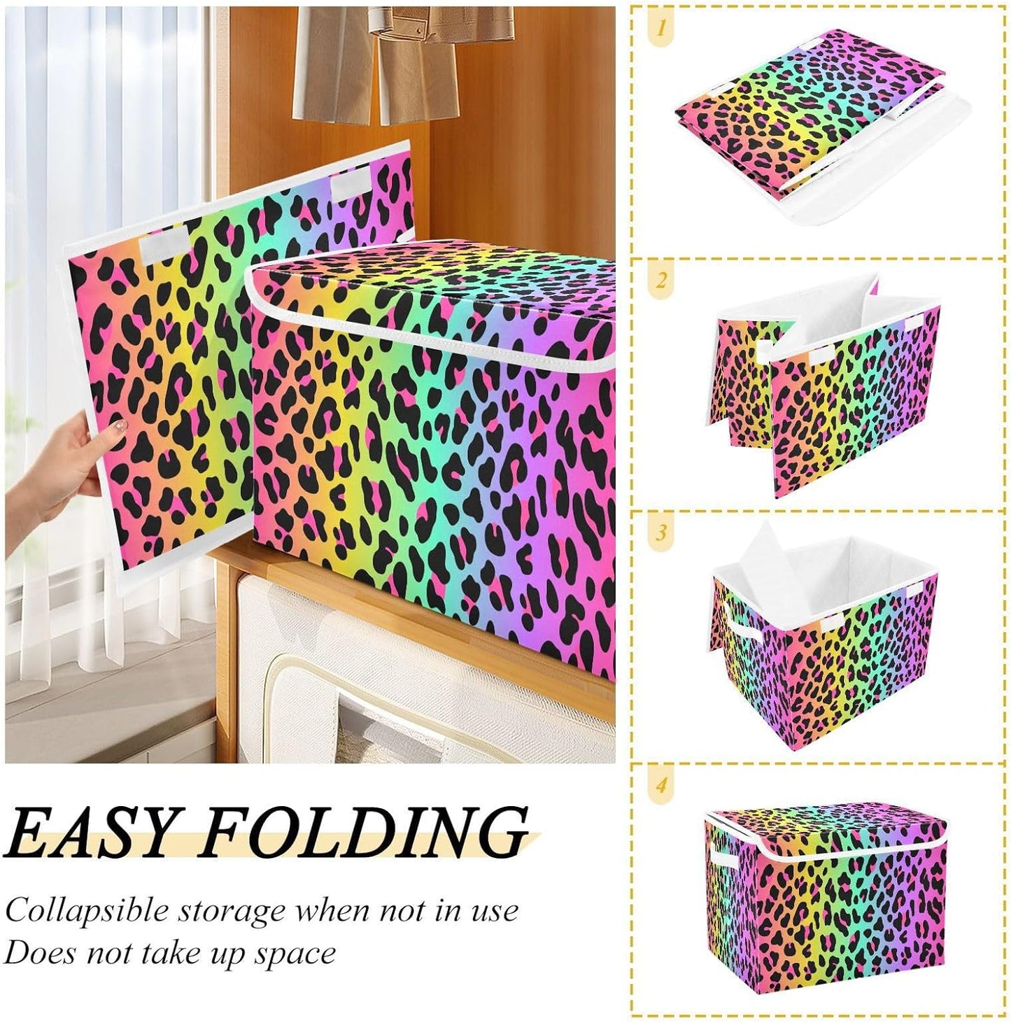 Large Collapsible Storage Bins with Lids, Rainbow Leopard Animal Storage Baskets Organizer Containers with Handles for Nursery Clothes Toys