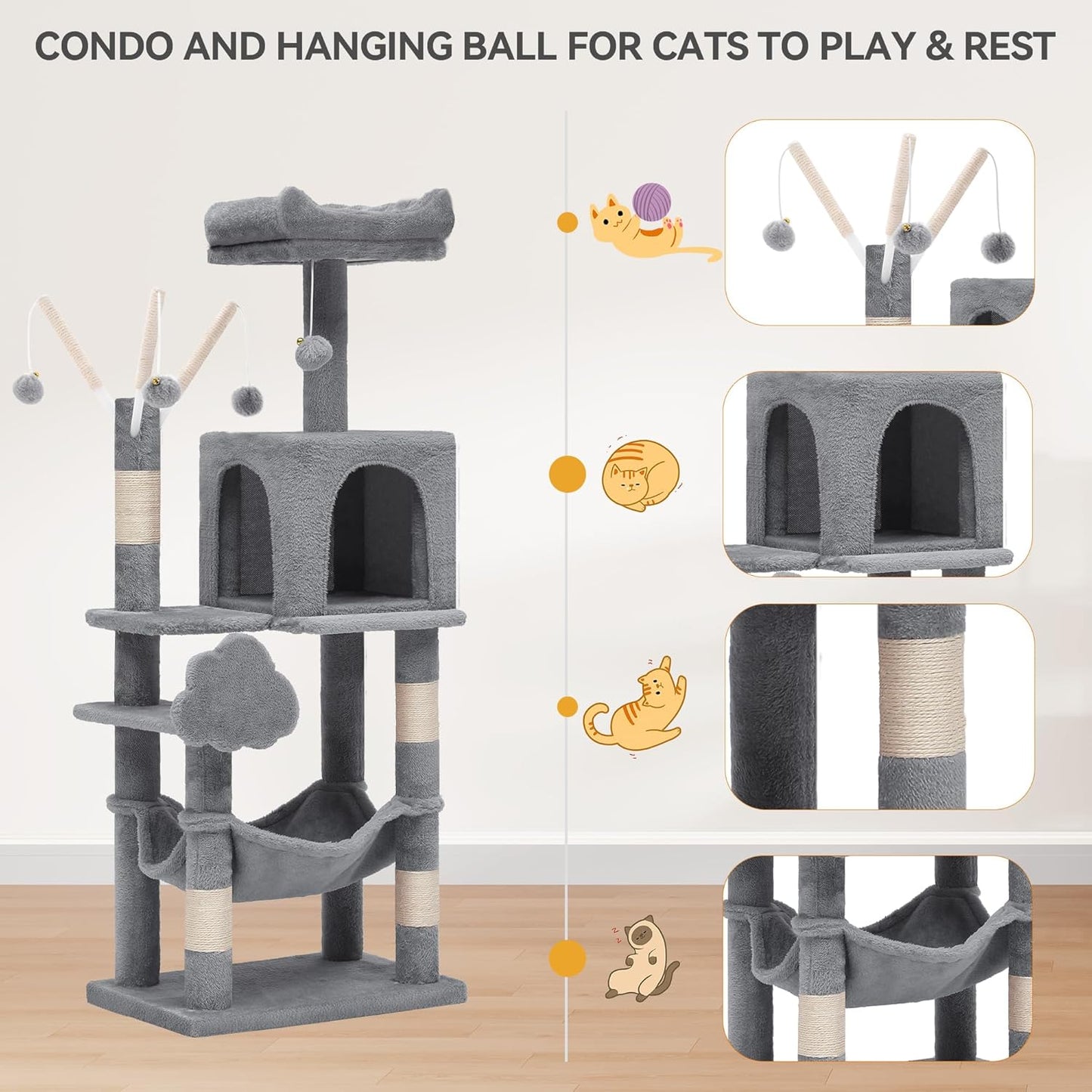 YITAHOME 44in Cat Tree Tower Indoor, Multi-Level Cat Condo with Scratching Posts, Cat Window Padded Plush Perch, Cozy Hammock, Funny Pompoms for Kittens Pet Play House, Light Gray
