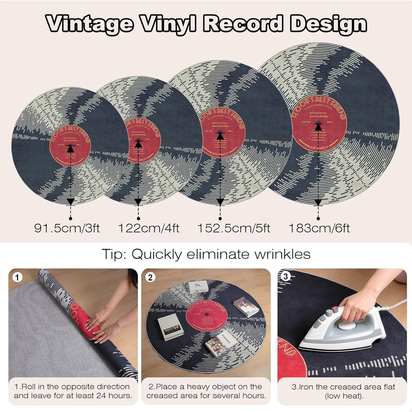 Vinyl Record 4ft Round Rug, Non-Slip Area Rug Round for Living Room, Bedroom, Dining Room Table,Small Circular Rugs,Ultra Soft Circle Carpet for Home Decor Aesthetic,Low-Pile Carpet Circles,Music Gift