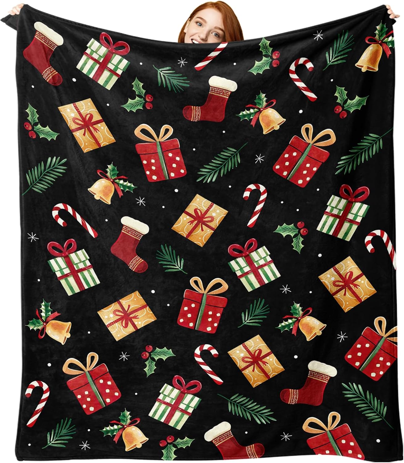 Black Flannel Throw Blanket, Xmas Candy Cane Stocking Jingle Bell Holly Berries Birthday Present for Kids Men Women, Winter Holiday Soft Blankets for Bedding Sofa 50 x 60 Inches