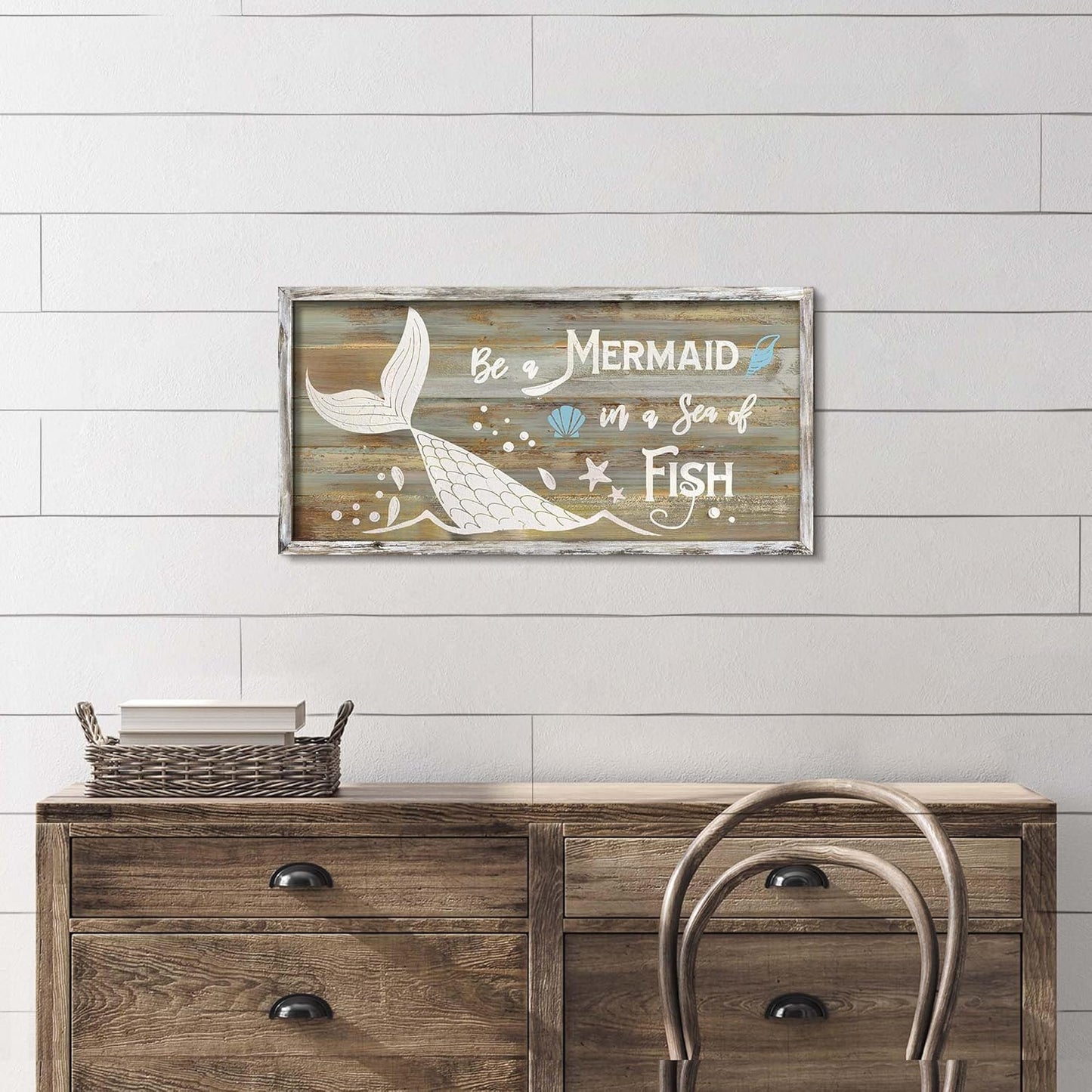 Mermaid Tail Wooden Wall Art: Rustic Framed Coastal Painting Wood Decor Vintage Beach Artwork Seashell Starfish Picture Prints for Bathroom Bedroom