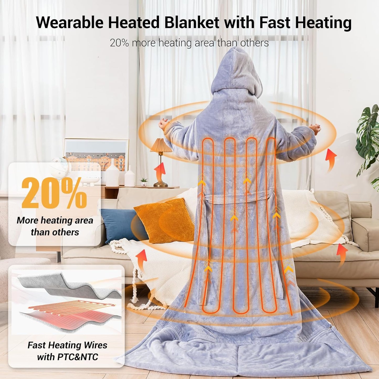 Electric Heated Blankets Hoodie for Women with Removable FootPocket,Wearable Heated Blanket Throw with Sleeves Heated Robe Flannel&Sherpa Heating Wrap Poncho Shawl with 9 Temp 50"x80"