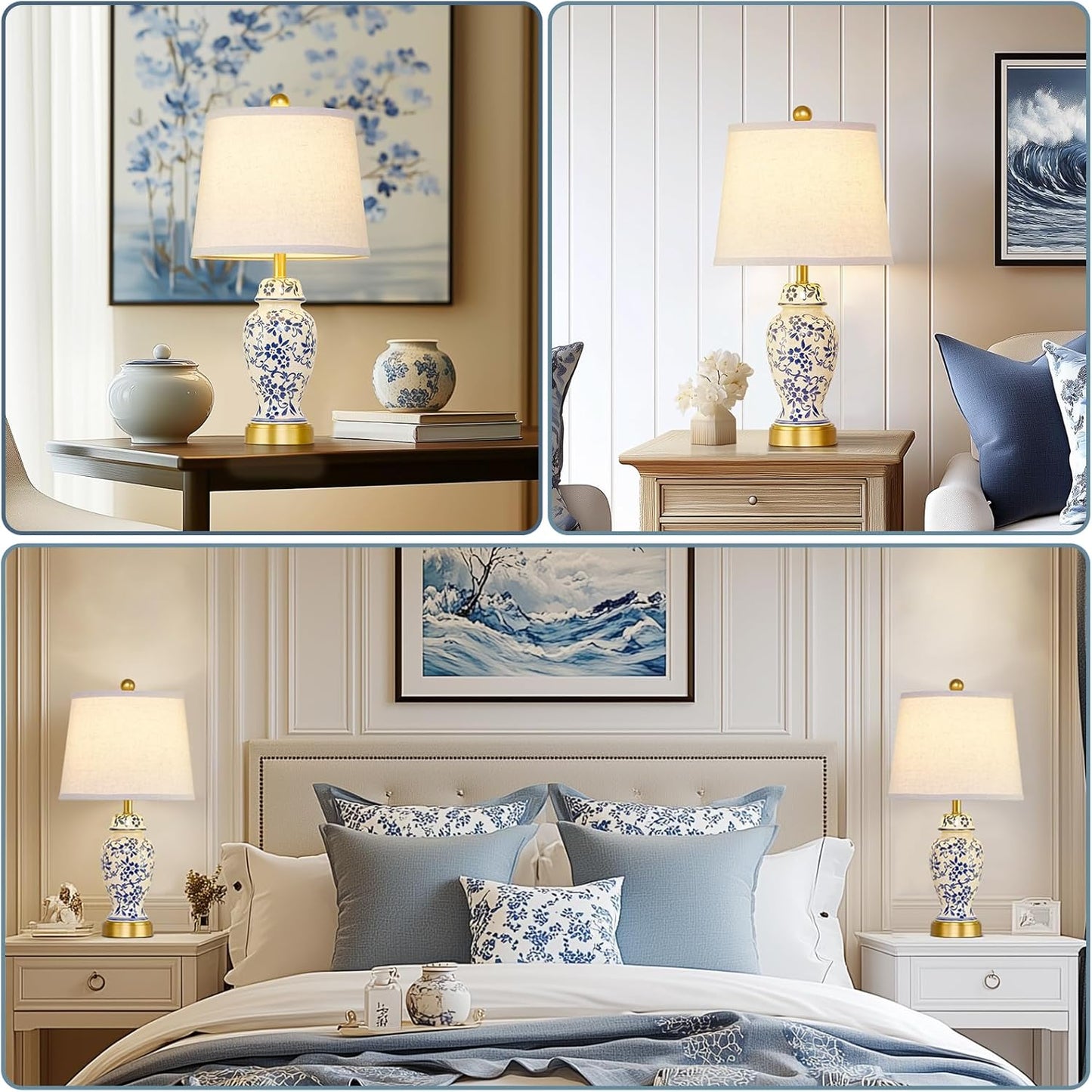 RORIANO Chinoiserie Ceramic Table Lamps Set of 2 for Living Room Bedroom Bedside, Traditional Blue Porcelain Classic Table Lamp for Nightstand Entryway, 2 LED Bulbs Included (Gold)