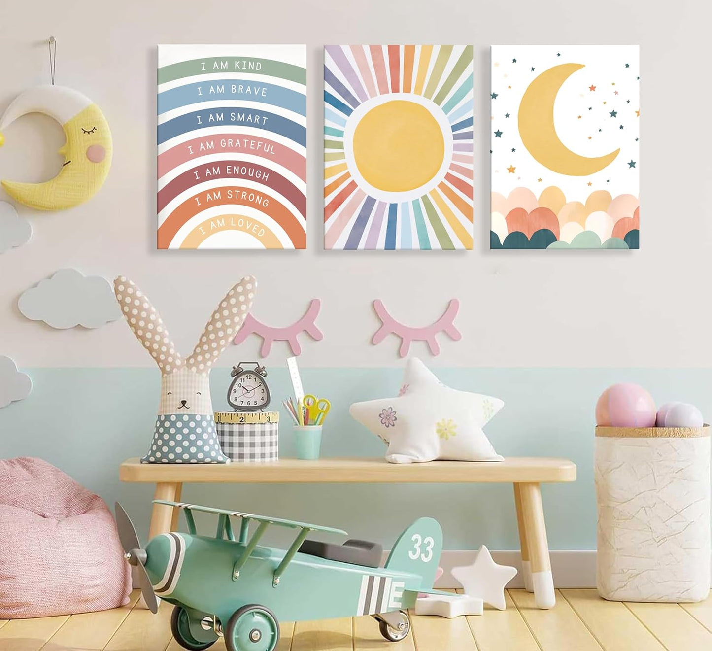 KBIERQN 3Pcs Boho Sun moon Canvas Wall Art Nursery Positive Affirmations Rainbow Poster Prints Bohemian Star Heart Picture for Toddler Baby Girls Room Playroom Bedroom Wall Decor 16x24in Framed
