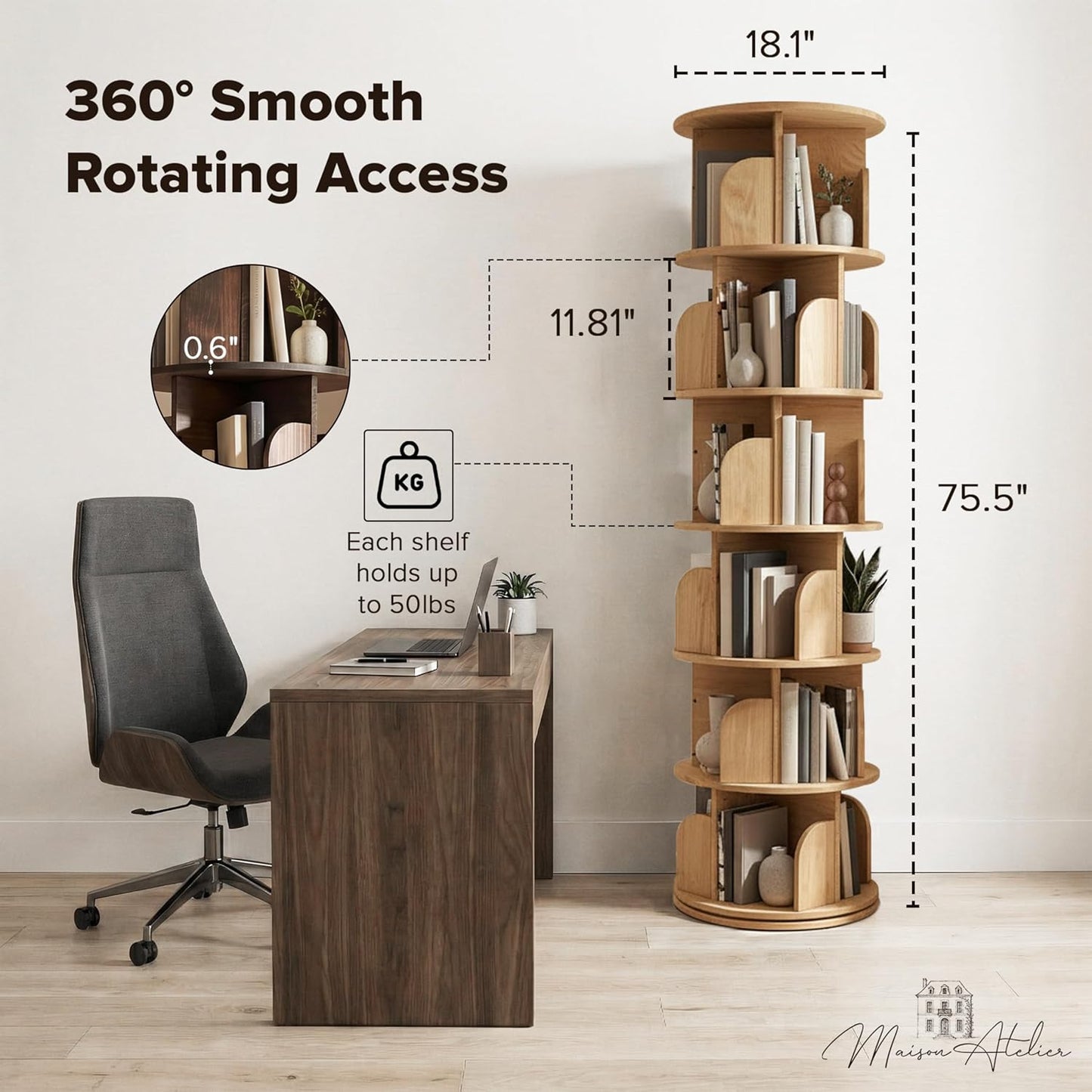 6-Tier Rotating Bookshelf with 18″ Wide Shelves, Solid Wood Bookcase for Living Room, Bedroom & Kids Room, Space-Saving Corner Bookshelf with Lazy Susan Turntable - [Pine]