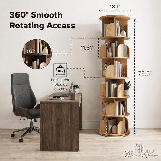 6-Tier Rotating Bookshelf with 18″ Wide Shelves, Solid Wood Bookcase for Living Room, Bedroom & Kids Room, Space-Saving Corner Bookshelf with Lazy Susan Turntable - [Pine]