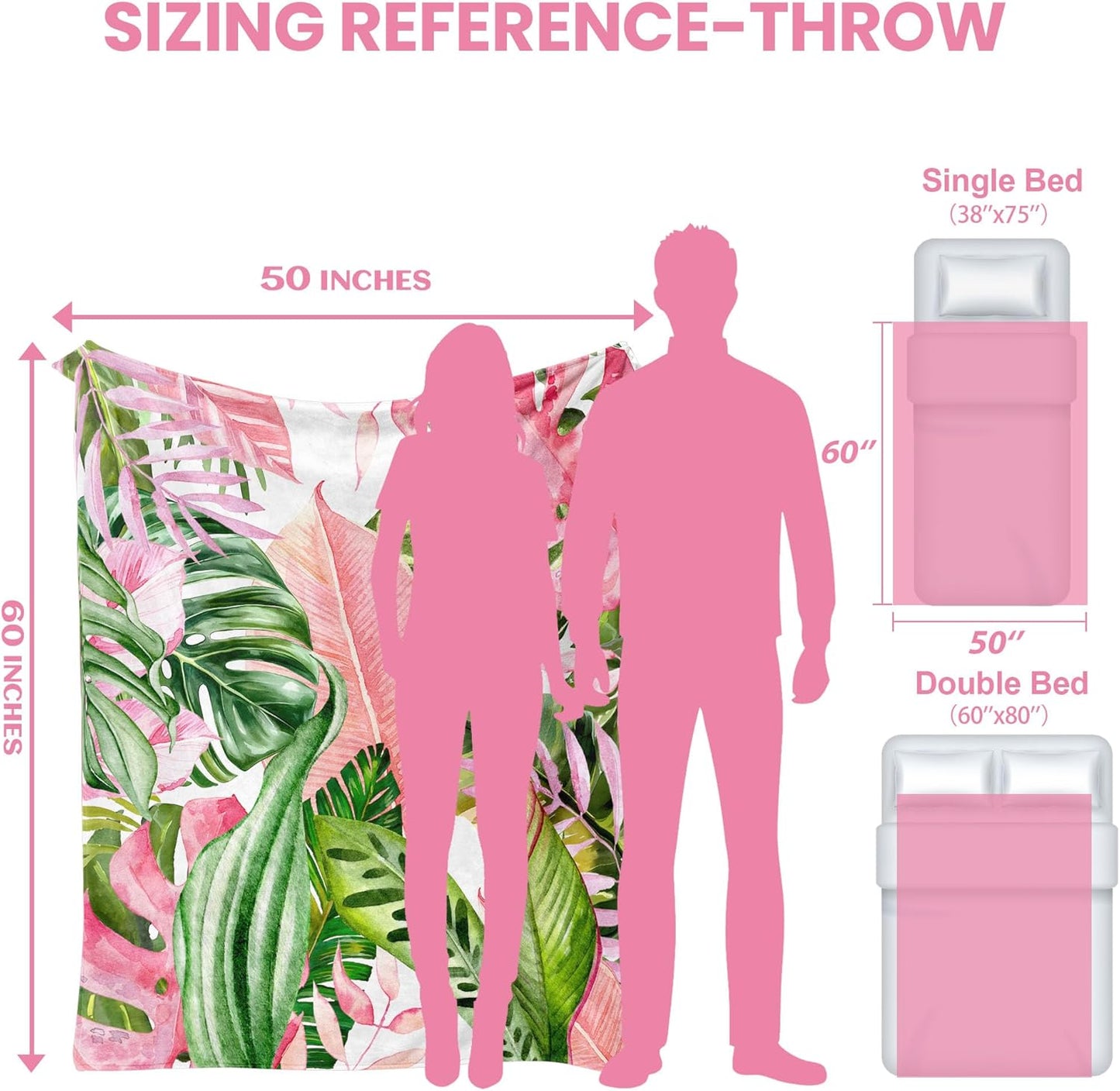 Pink and Green Tropical Palm Leaf Throw Blanket Monstera Leaves Jungle Plant Flannel Blankets for Couch Bed Living Room Sofa, Decorative Patterned Super Soft Cozy, 50x60 in