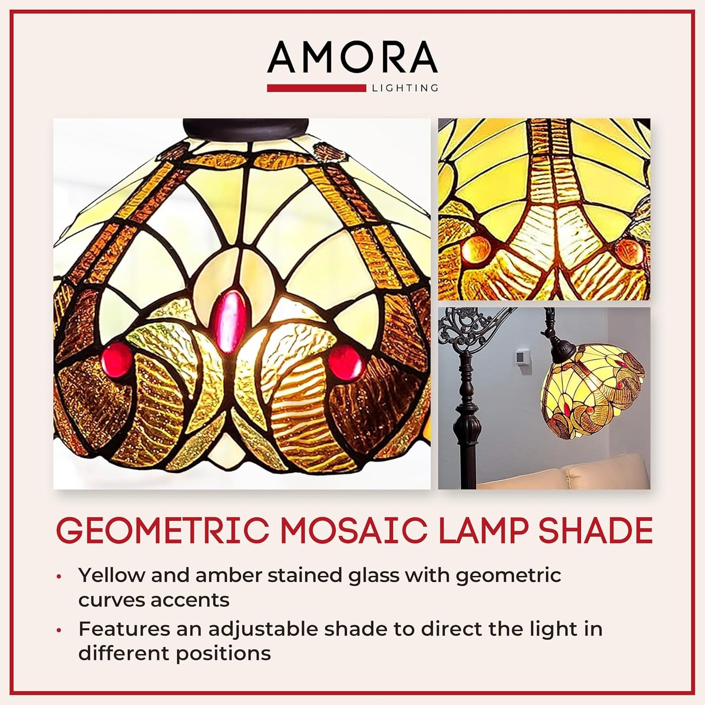 Amora Tiffany Style Floor Lamp Arched Vintage Antique 62" Tall Stained Glass Brown Red Tan Traditional Light Decor Bedroom Living Room Reading Gift AM344FL12 Lighting