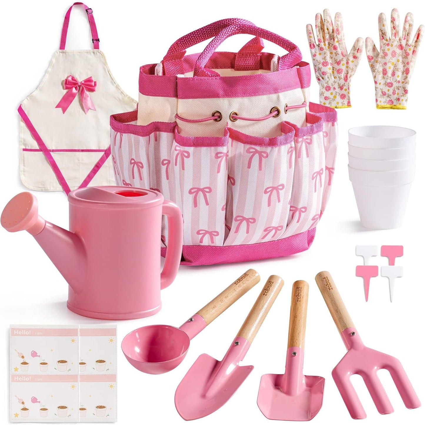 ROBUD Kids Gardening Set 18 PCS Bow Theme Garden Tools for Kids with Storage Bag, Apron, Waterproof Gloves, and Planting Cards – Educational Outdoor STEM Gardening Toy Gift for Girls and Toddlers