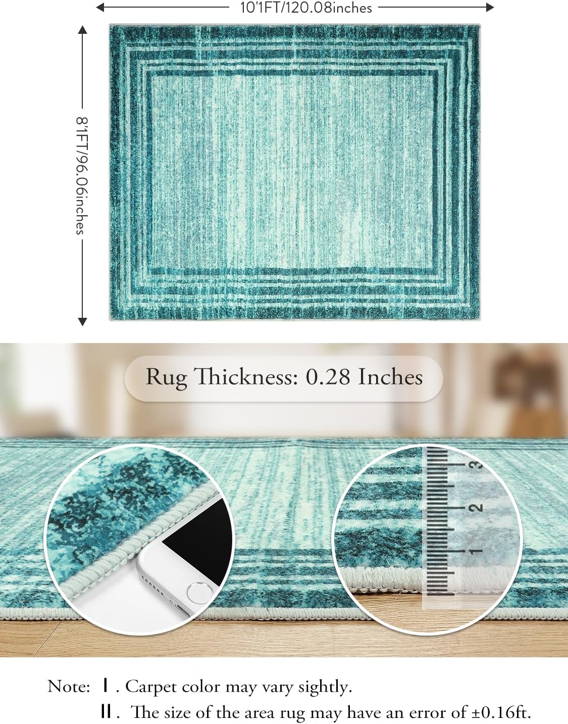 Lahome Amabel Abstract Teal 8x10 Area Rugs for Living Room, Washable Modern Bedroom Rug 8x10 Stain Resistant, Low-Pile Soft Minimalist Bordered Large Indoor Carpet for Office Dining Room