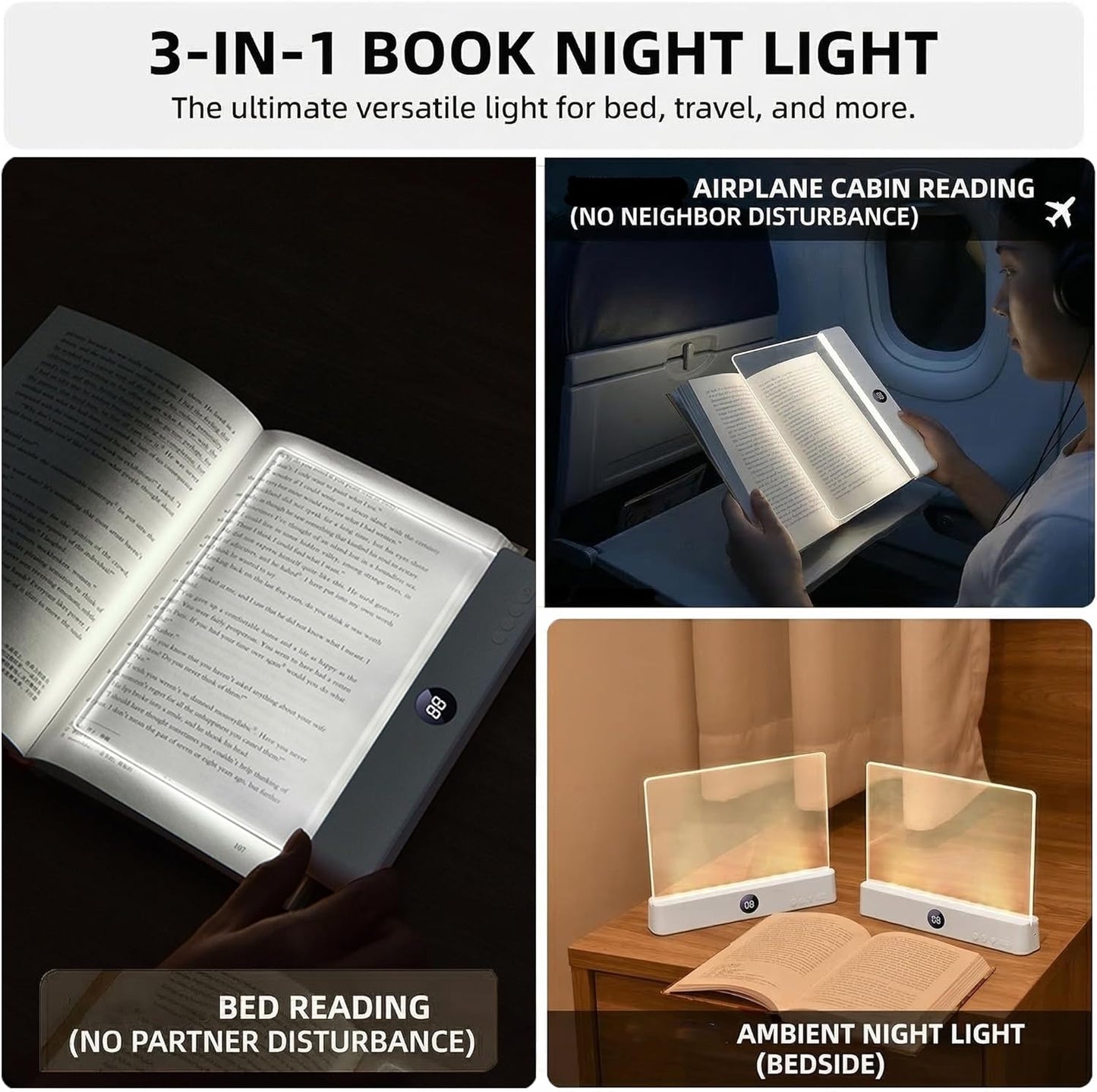 Book Light for Night Reading, Rechargeable Flat Page Light with Even Illumination & Eye-Friendly Dimming, Protective Scratch-Free Pouch Included, Portable Lamp for Bed, Airplane & Travel (white)
